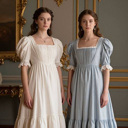 Photograph of two young women in vintage dresses, one white with lace, one blue, standing in an ornate room.