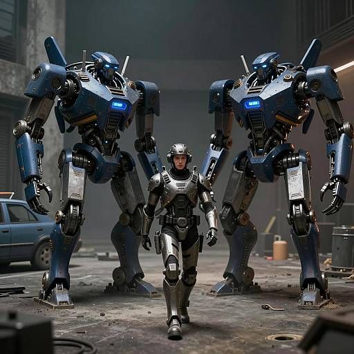 Dystopian Sci-Fi Scene with Robot Soldier