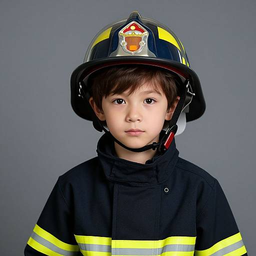 Photograph of a young boy with fair skin, brown hair, wearing a black firefighter helmet and black firefighter shirt with yellow stripes, against a gray background