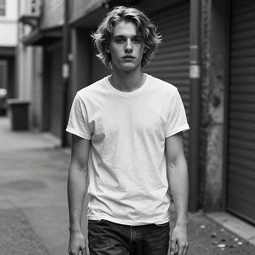 Black-and-white photograph of a young man with wavy hair, wearing a plain white t-shirt and jeans, standing on a narrow urban street with shutter