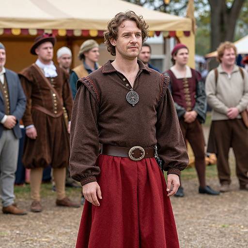 Photograph of a young man with curly brown hair, wearing a dark brown long-sleeve shirt and red pants, standing in front of a group