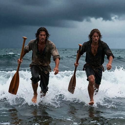 Two Men Running Through Ocean Waves with Wooden Paddles