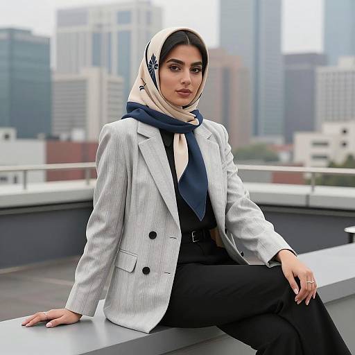 Confident Woman in Blazer and Headscarf on Rooftop