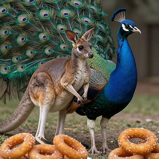 Photograph of a kangaroo and a peacock standing together, with the peacock's vibrant blue and green feathers and tail displaying eye patterns. Don