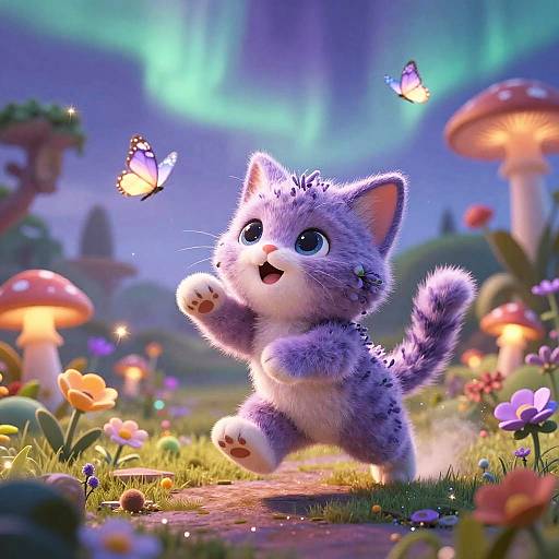 Whimsical digital illustration of an adorable, fluffy purple kitten with big blue eyes, joyfully jumping in a colorful, magical forest with glowing mushrooms,