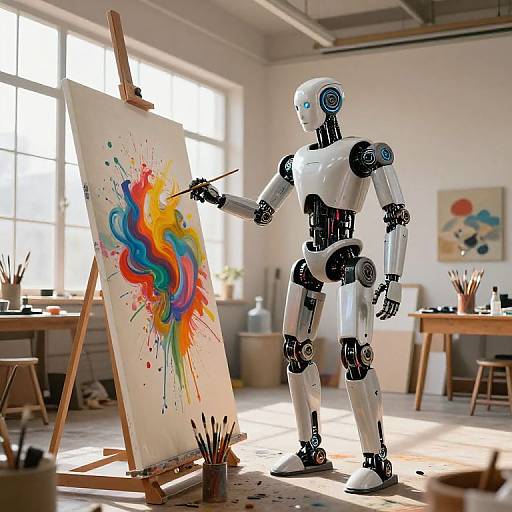 Photograph of a white humanoid robot painting a vibrant, abstract swirl on canvas in a bright, sunlit studio with easels and brushes.