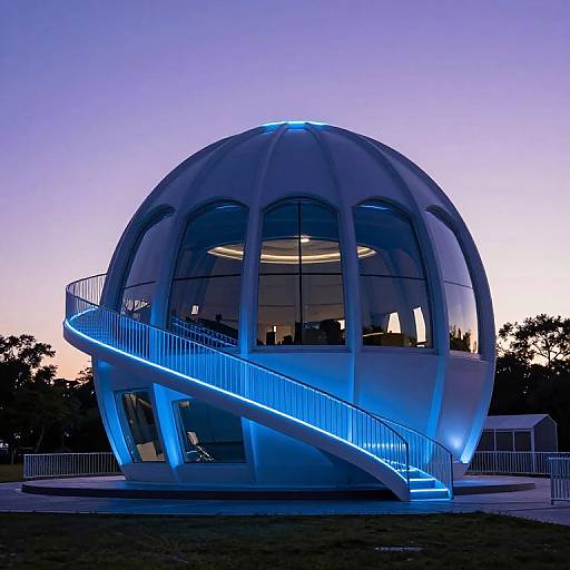 Photograph of a futuristic, dome-shaped building with glowing blue LED lights on a spiral staircase at twilight. Clear windows reflect interior lights. Silhouet