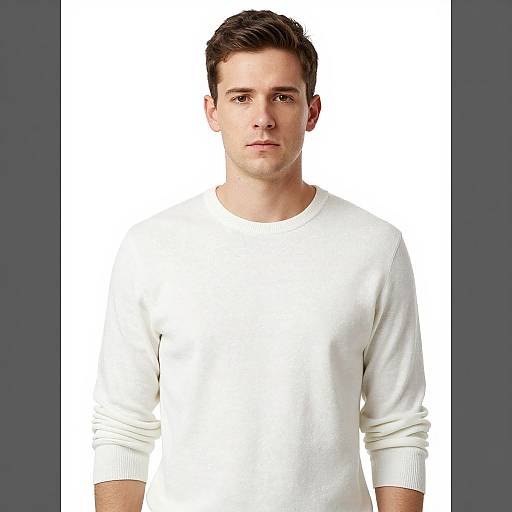 Photograph of a young white man with short brown hair, wearing a plain white long-sleeve shirt, against a plain white background.