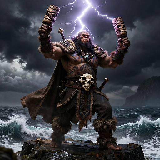 Orc Shaman Summoning Lightning on Cliff