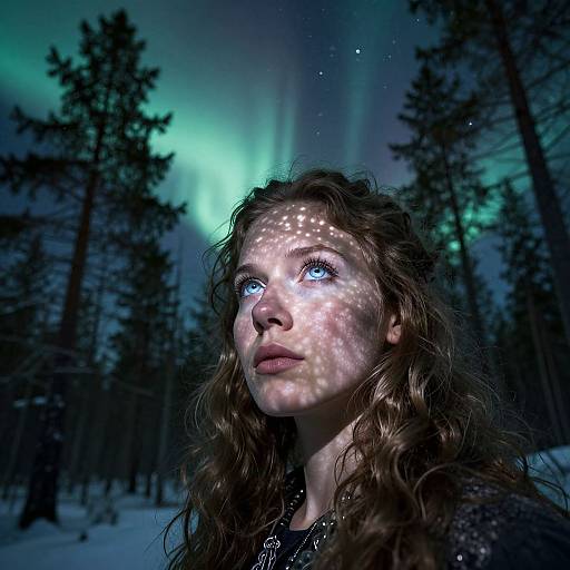 Photograph of a young woman with wavy brown hair, glowing blue eyes, and white snowflake-patterned face, gazing at vibrant green aur