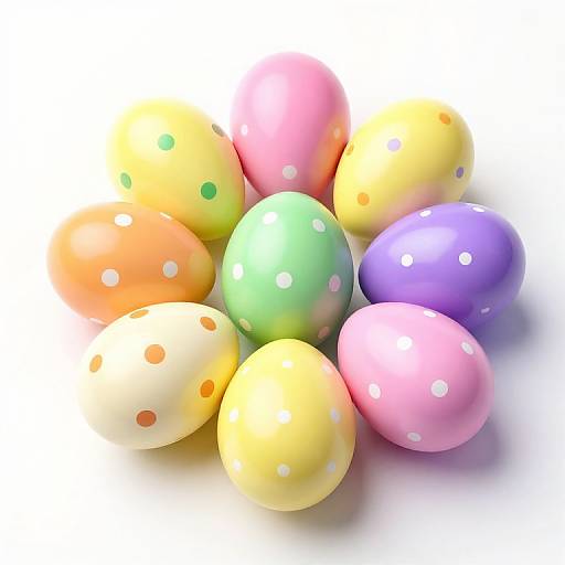 Photograph of colorful, glossy Easter eggs with polka dots in pastel shades of yellow, pink, green, purple, and orange, clustered on