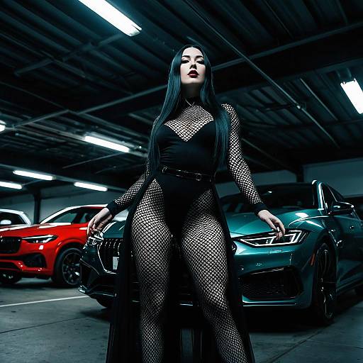 Gothic Model in Black Fishnet Dress in Garage