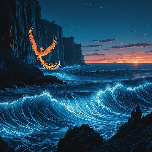 Ethereal Phoenix Over Bioluminescent Sea Cliffs at Twilight