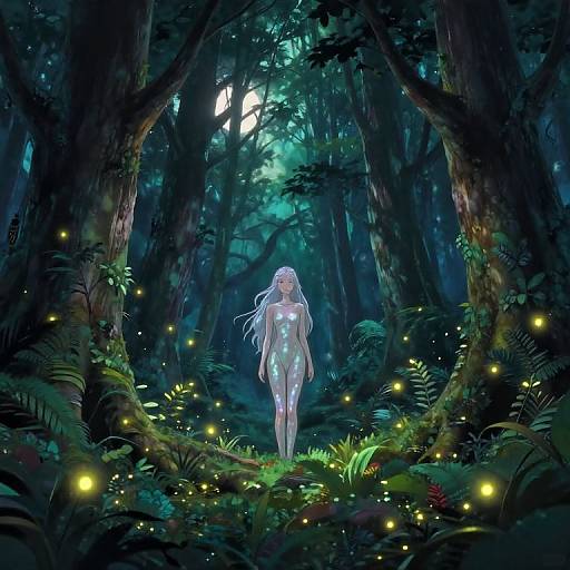 Digital fantasy artwork: Glowing white-haired woman with luminescent body stands in dark, enchanted forest surrounded by ethereal fireflies and dense foliage.