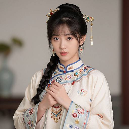 Photograph of an Asian woman with black braided hair, wearing an ornate white traditional Chinese dress, adorned with colorful embroidery and gold jewelry, hands