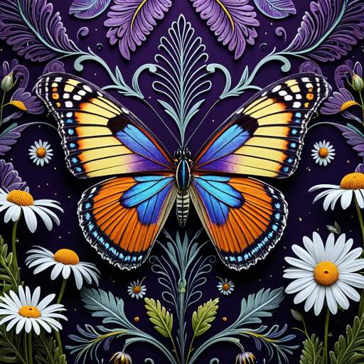 Realistic Painted Butterfly with Daisies and Ornate Paisley Background