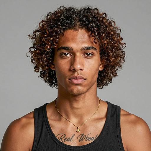 Portrait of Young Man with Curly Hair and Tattoo