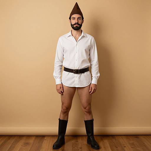 Photograph of a bearded man with a brown pointed hat, white shirt, black belt, black boots, and no pants, standing on wooden floor