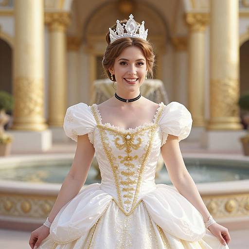 Photograph of a smiling Asian woman with brown hair, wearing a white and gold princess dress, silver tiara, black choker, and wrist bracelet