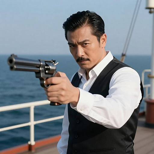 Man on Ship Deck Pointing Revolver