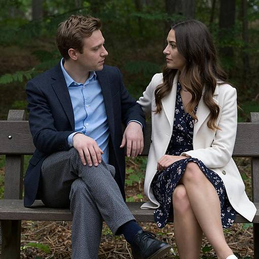 Photograph of a man in a black suit and blue shirt, sitting on a wooden bench, talking to a woman in a white coat and black floral