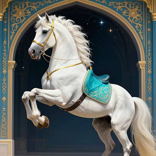 Photograph of a rearing, white horse with gold bridle and turquoise embroidered saddle, framed by an ornate, blue and gold archway against
