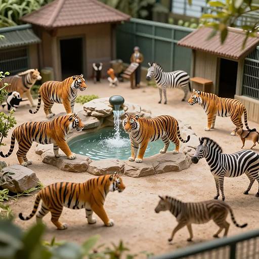 Photograph of a zoo enclosure with multiple tigers and zebras interacting around a central water fountain, surrounded by rock formations and greenery.