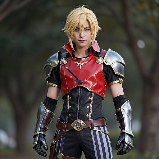 Photograph of a blonde cosplayer with blue eyes, wearing red and black armored outfit with silver shoulder plates, standing in a forest.
