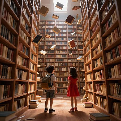 Photograph-like digital illustration of a library aisle with a boy in a white shirt and shorts, and a girl in a red dress, standing back-to