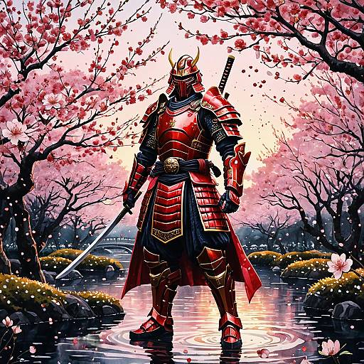 Red Samurai in Cherry Blossom Garden