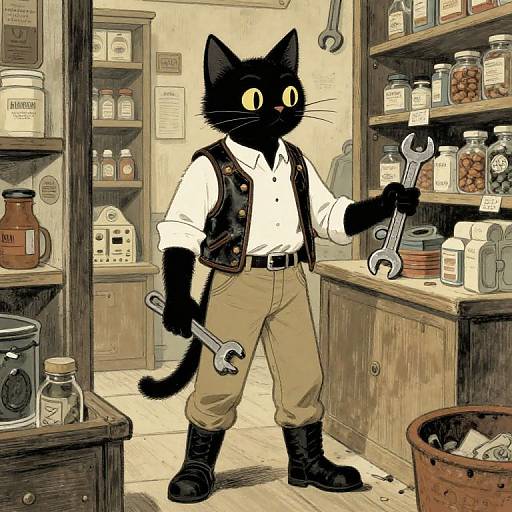 Cartoon-style black cat in white shirt, brown vest, and beige pants, holding wrenchs, stands in vintage hardware store with jars and tools.
