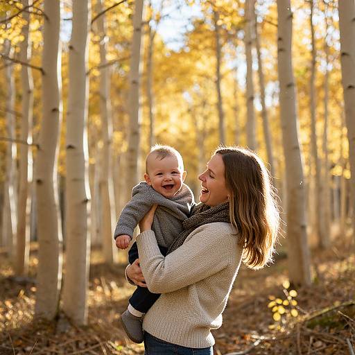 Photograph of a smiling woman with brown hair, in a beige sweater, holding a laughing baby in a gray sweater, amidst a sunlit autumn forest
