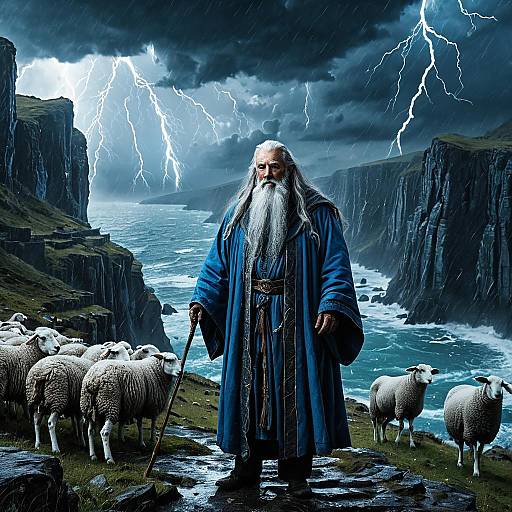 Elderly Wizard on Stormy Cliffside