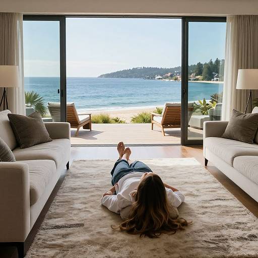 Photograph of a woman with long brown hair, lying face down on a beige carpet in a modern living room, staring at a scenic ocean view through