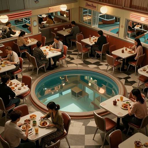 Photograph of a retro diner with circular blue pool in center, surrounded by patrons eating at white tables with red chairs.