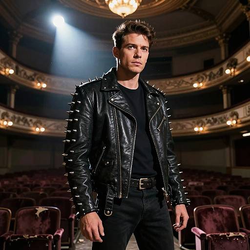 Man in Spiky Leather Jacket in Abandoned Theater