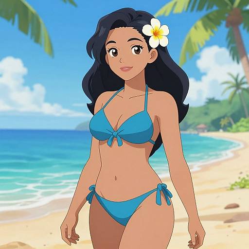 Digital anime-style drawing of a tan-skinned woman with long black hair, wearing a blue string bikini, and a white plumeria flower in her