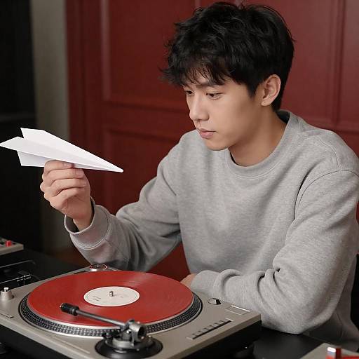 Focused DJ Holding White Paper Airplane