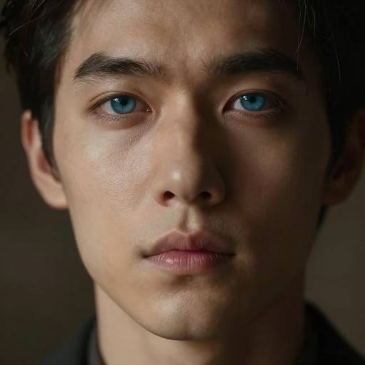 Close-up photograph of a young Asian man with striking blue eyes, short black hair, and a serious expression, dimly lit background.