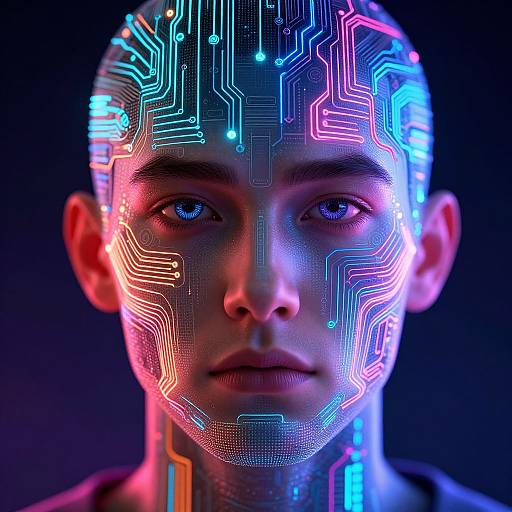 Photorealistic CGI of a bald person with neon circuit patterns glowing on their face and neck, against a dark background.