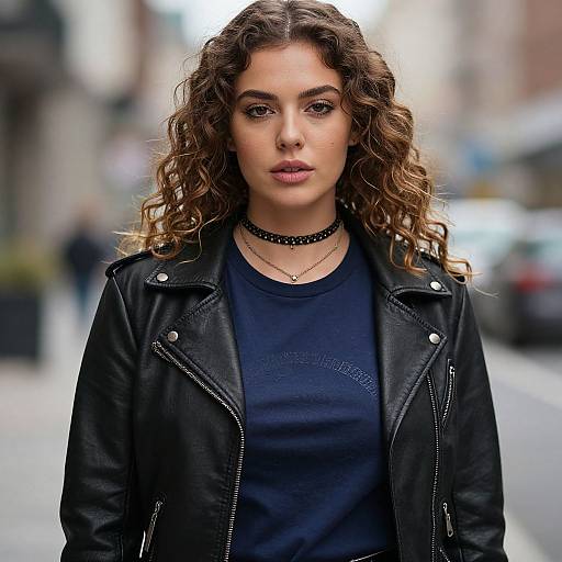 Photograph of a young woman with curly brown hair, wearing a black leather jacket, navy shirt, and choker necklace, standing on a blurred urban