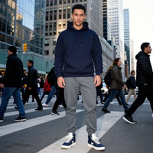 Photograph of a young, attractive man with short black hair, wearing a black hoodie, gray sweatpants, and black sneakers, standing in a busy