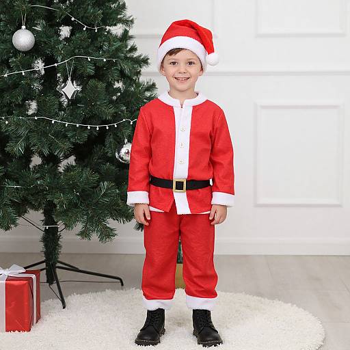 Child in Santa Costume by Tree