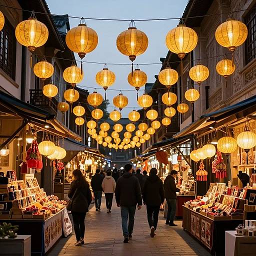 Photograph of a bustling evening market with warm, hanging paper lanterns illuminating rows of colorful stalls and shoppers walking down a narrow street.