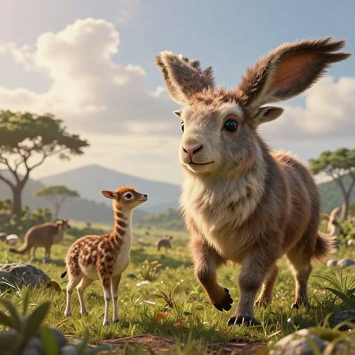 Photorealistic CGI of a cute, fluffy, brown-furred gazelle with large ears and a spotted baby gazelle in a sunny, grassy