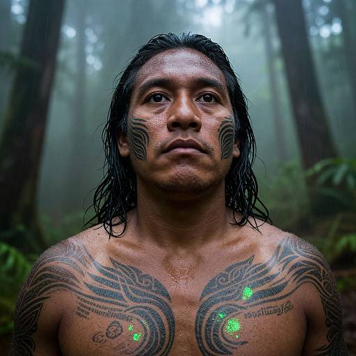 Photograph of a muscular, tattooed Indigenous man with wet black hair, tribal face paint, and chest tattoos, standing in a misty forest.