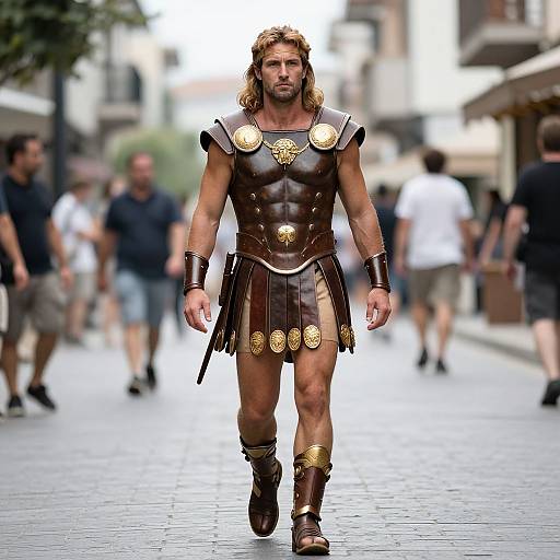 Photograph of a muscular man with long blonde hair, wearing a bronze gladiator outfit with gold accents, walking confidently down a blurred city street.
