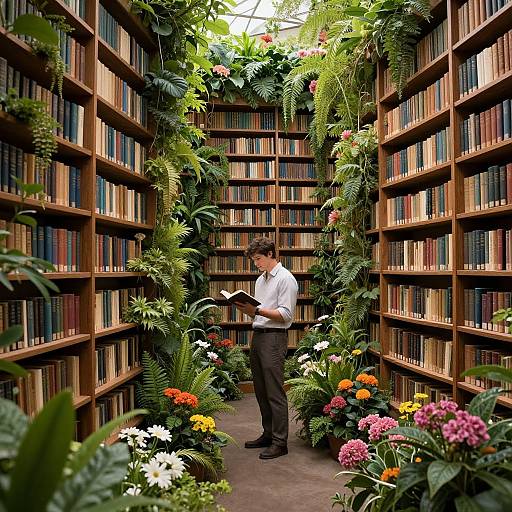 Photograph of a man in a white shirt and black pants, reading a book in a lush, green, flower-filled library aisle with wooden booksh