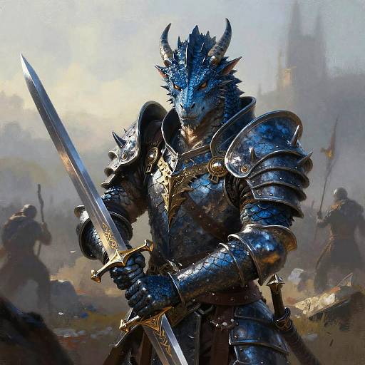 Digital painting of a blue-scaled, horned dragon warrior in shining, ornate medieval armor, holding a sword in a misty battlefield.