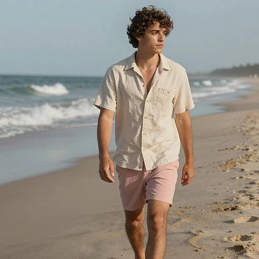 Photograph of a young man with curly brown hair, wearing a white short-sleeve shirt and pink shorts, walking on a sandy beach with gentle
